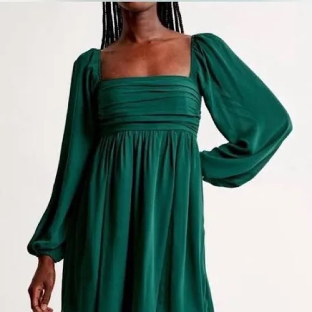 Abercrombie & Fitch Green Ruched Babydoll Mini Dress Small Tall